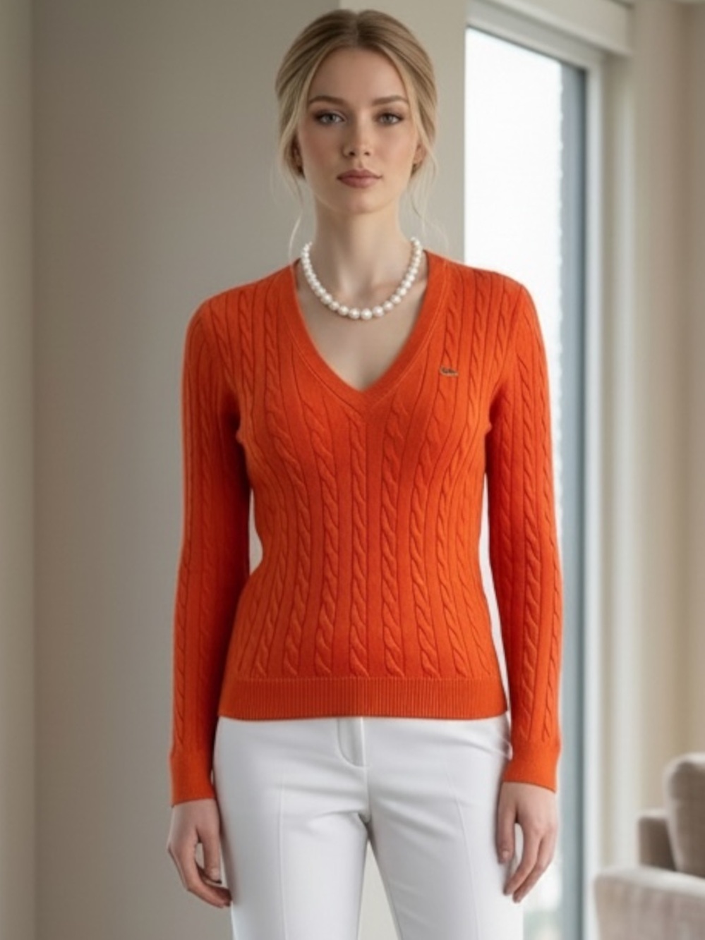 Lacoste Preppy Classic Crocodile Logo Cotton Slim Size 42 Medium Orange Sweater